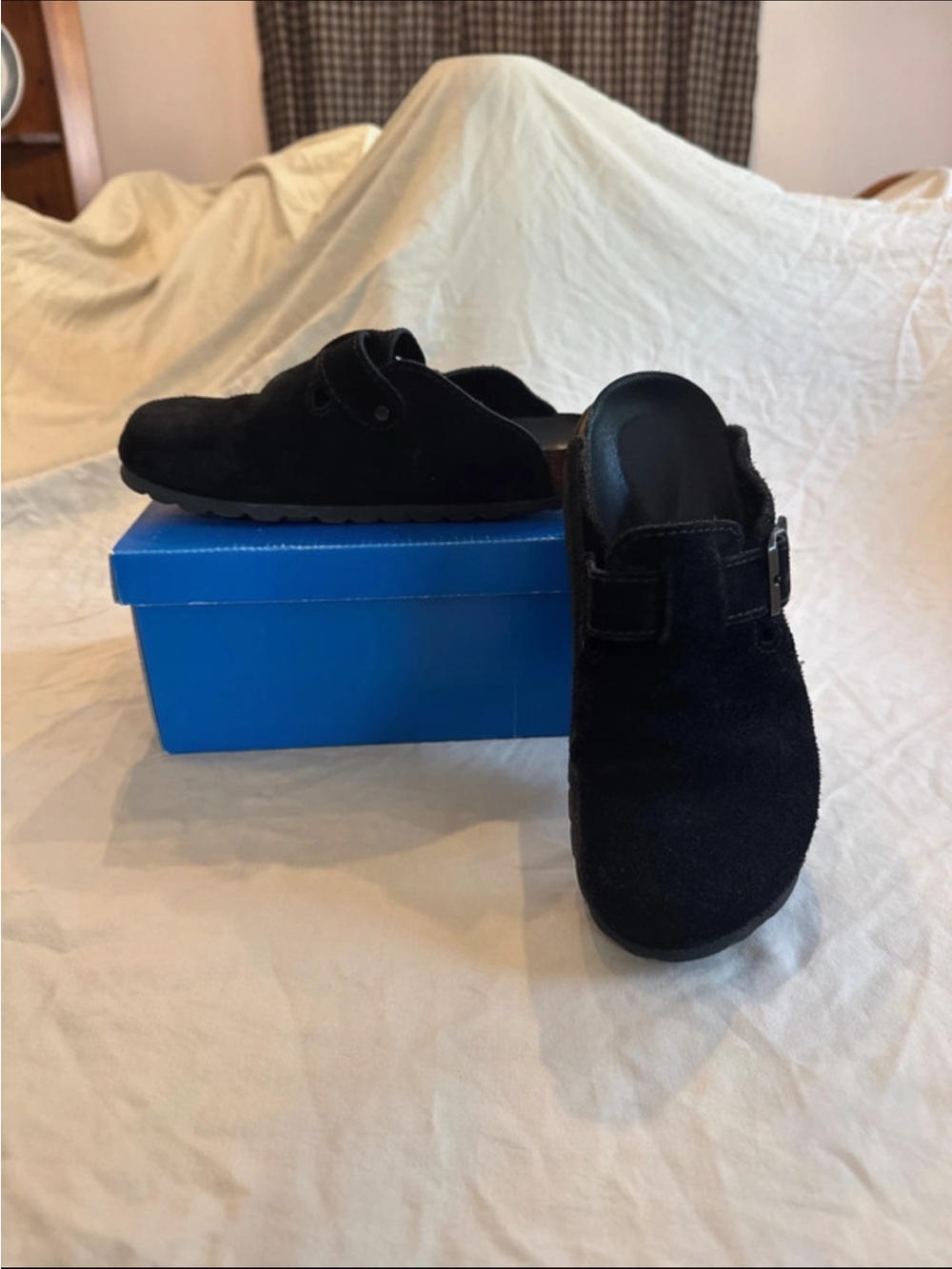 Women’s Black Suede Slip-On Clog with Buckle